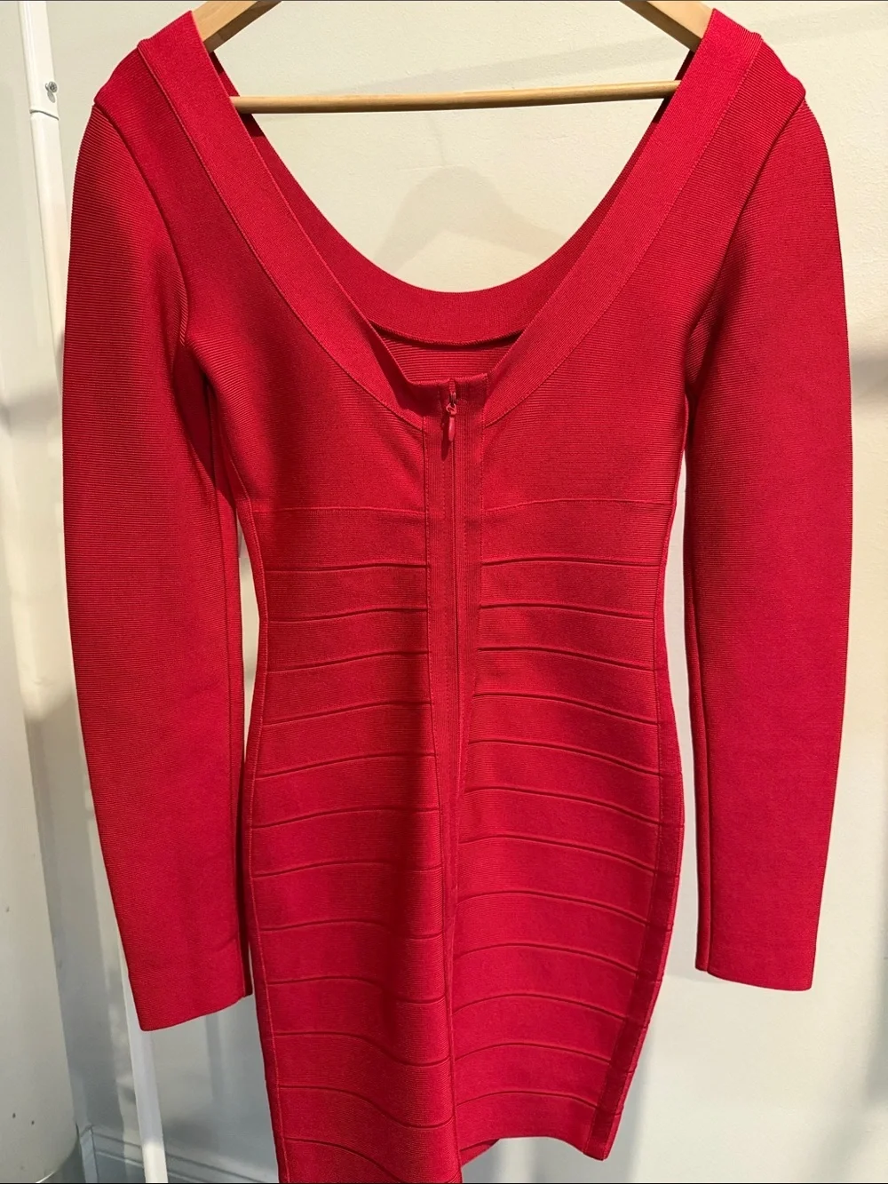 Herve Leger Paris Raspberry Red Long Sleeve Striped Scoop Neck Dress M